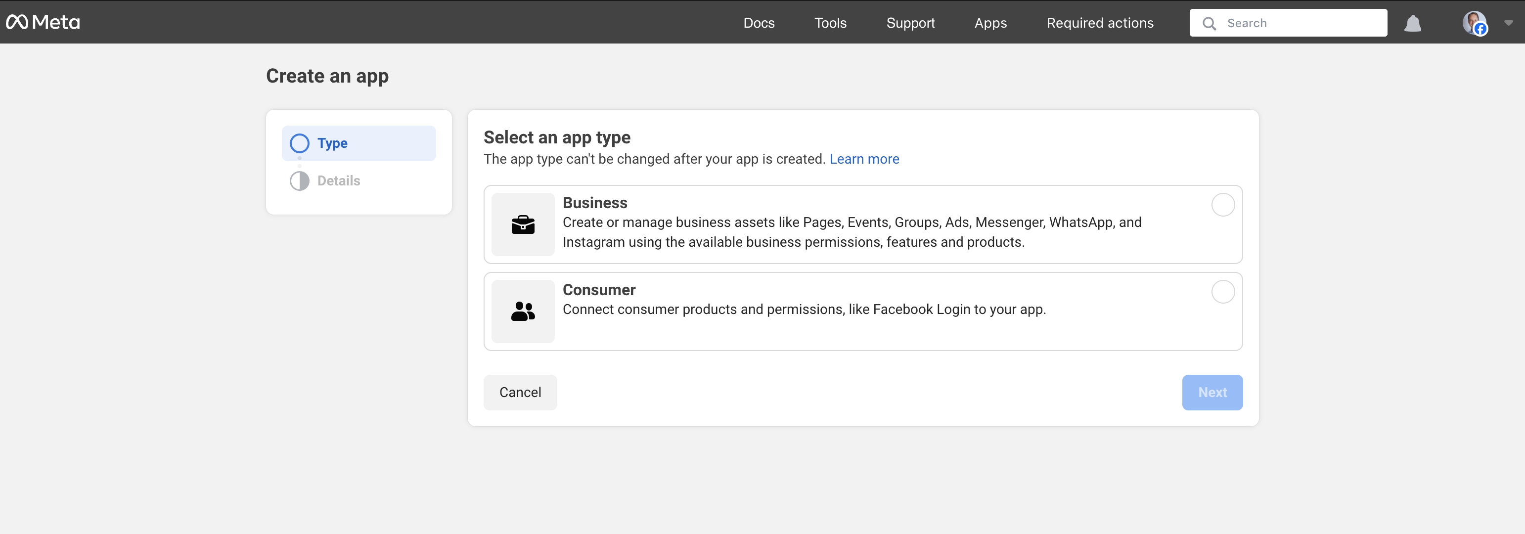 Meta app type selection