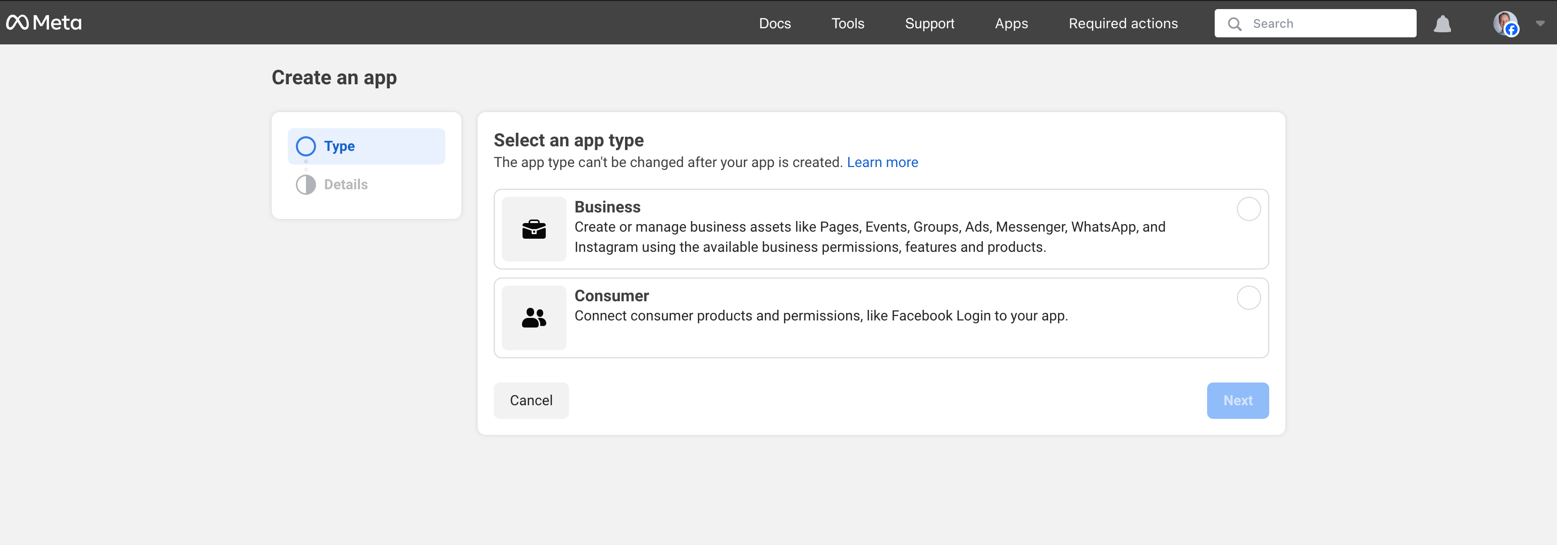 Meta app type selection
