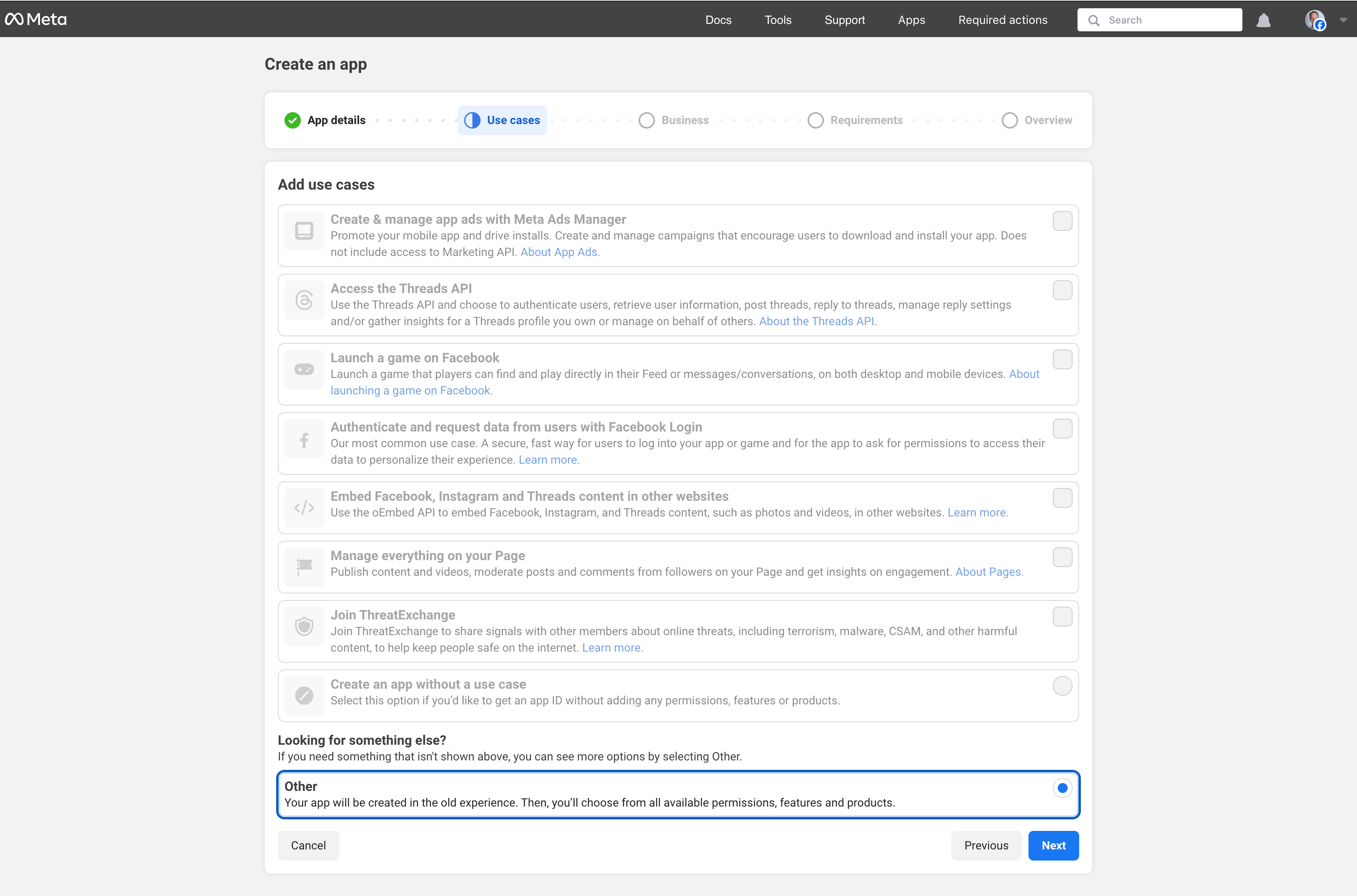 Meta app use case selection