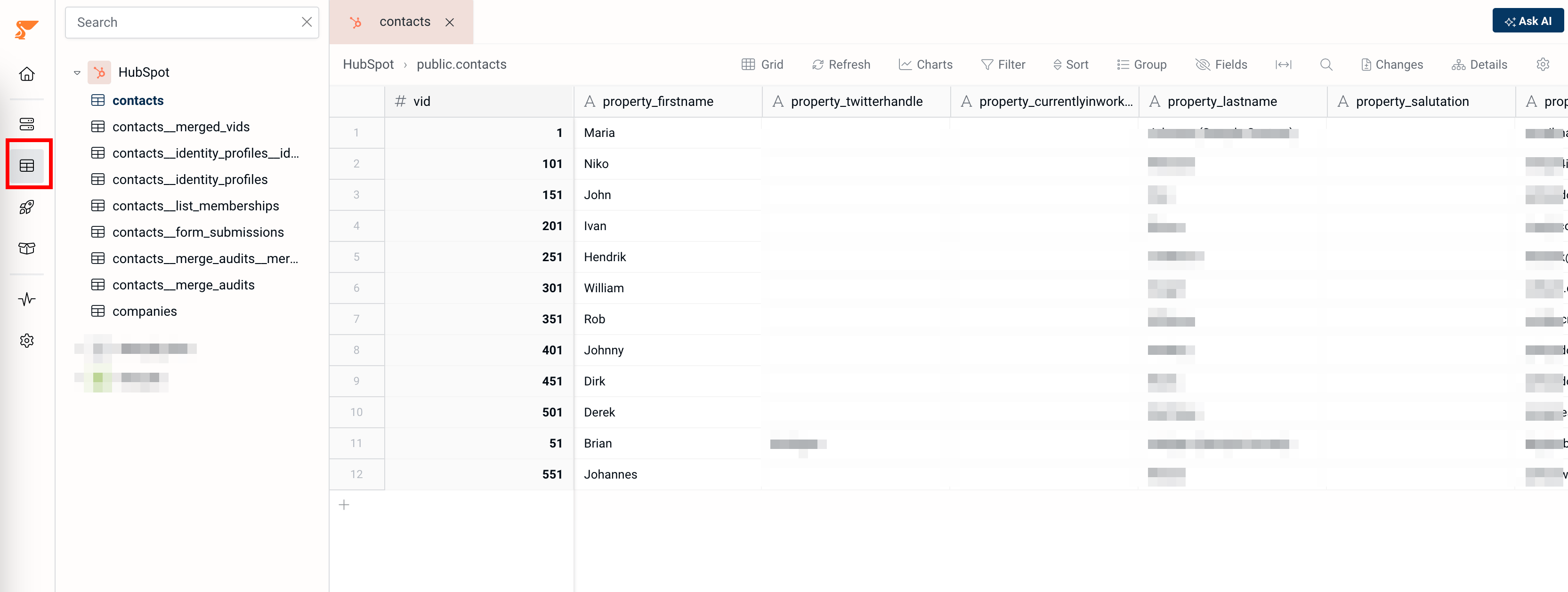HubSpot data in Peliqan Explore tab