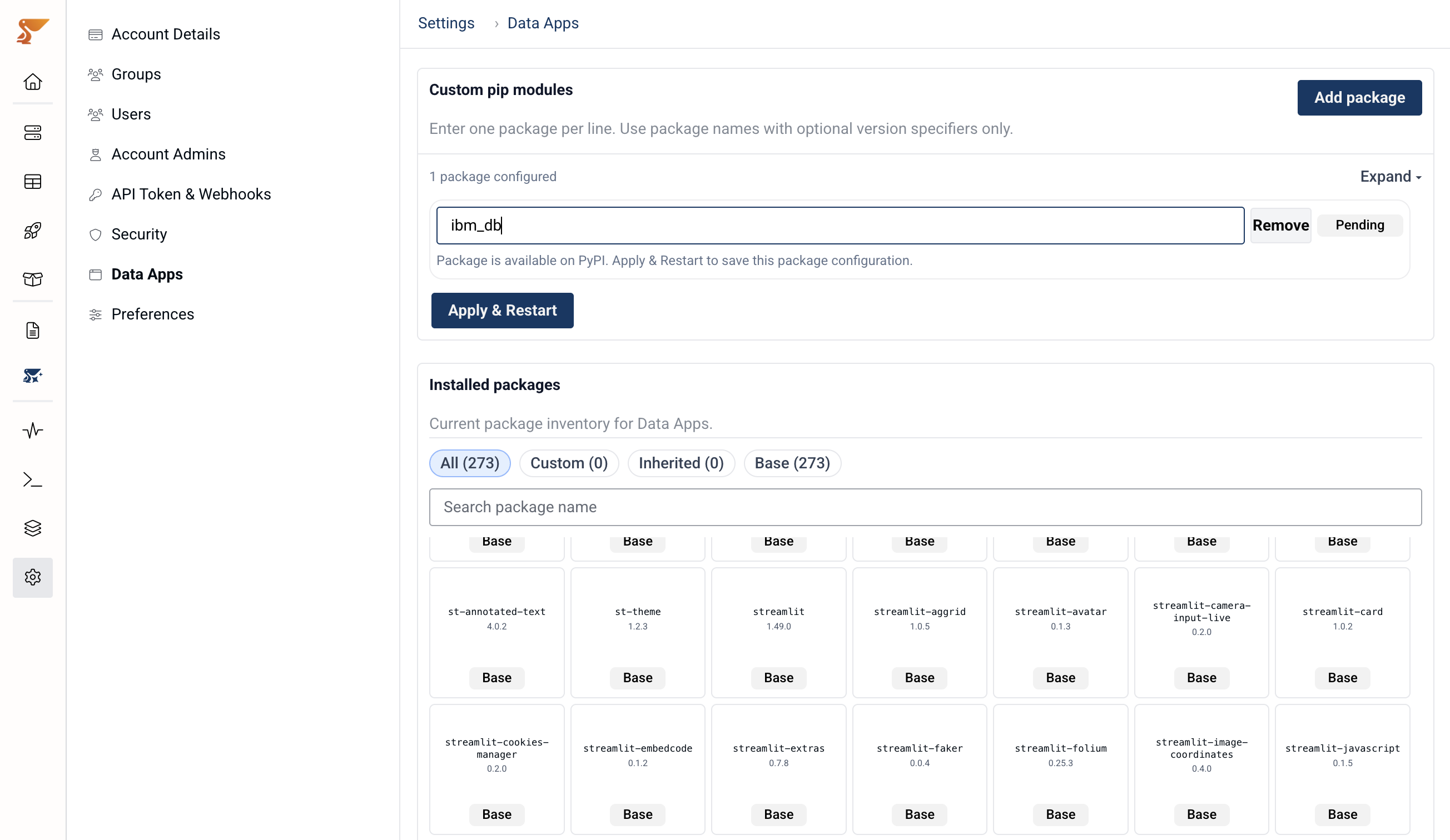 Installing ibm_db custom pip module in Peliqan