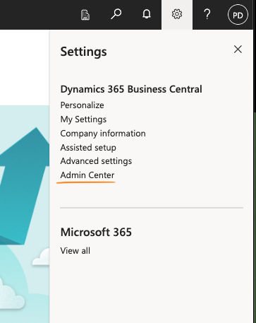 Business Central Settings Admin Center