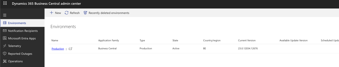 Business Central Admin Center environment details