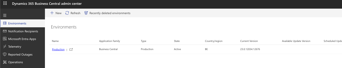 Business Central Admin Center environment details
