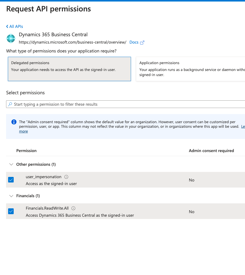 Azure Delegated permissions