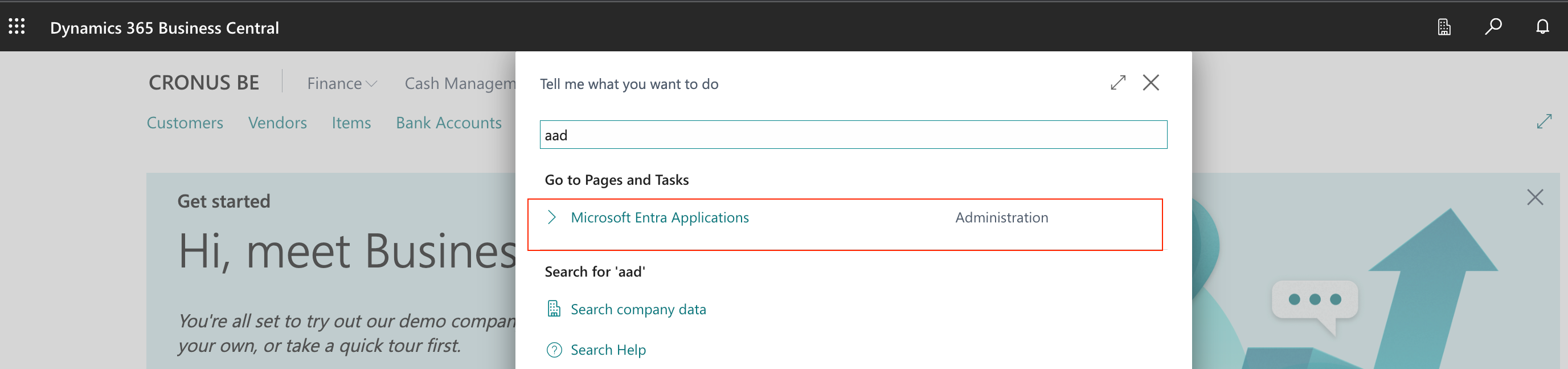 Business Central search for Azure Entra