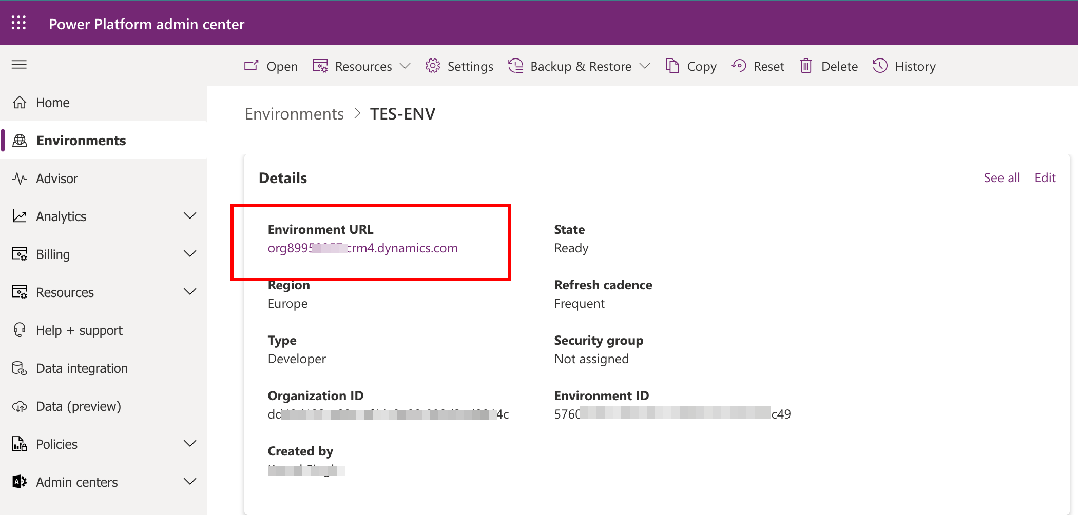 Power Platform Environment URL