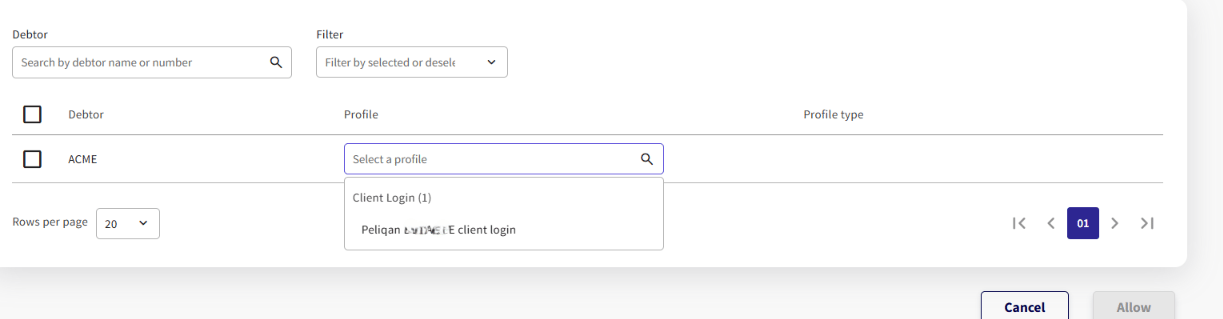 Tick the debtor, then pick its Client Login profile. Allow stays greyed out until both are set.