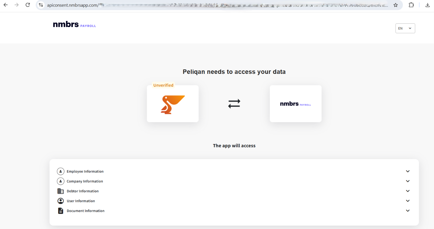 Nmbrs's consent screen: Peliqan is shown as Unverified, with the data groups it will access.