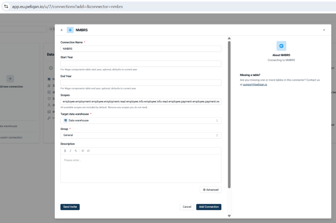 The Nmbrs connect form in Peliqan.