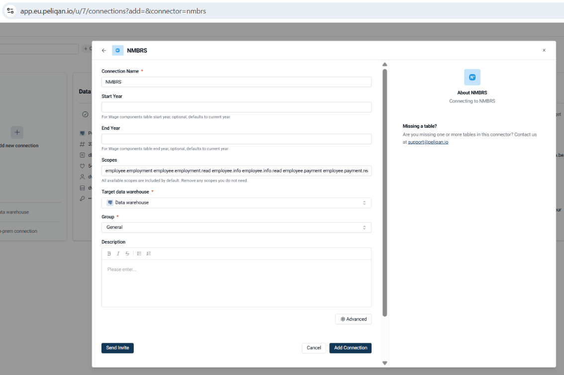 The Nmbrs connect form in Peliqan.
