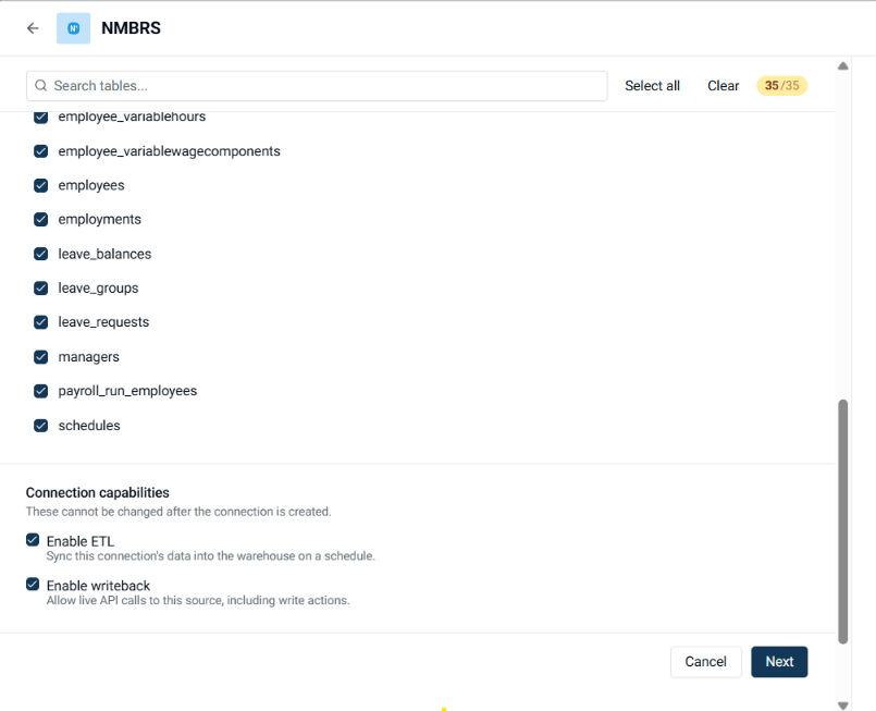 Table selection and connection capabilities.