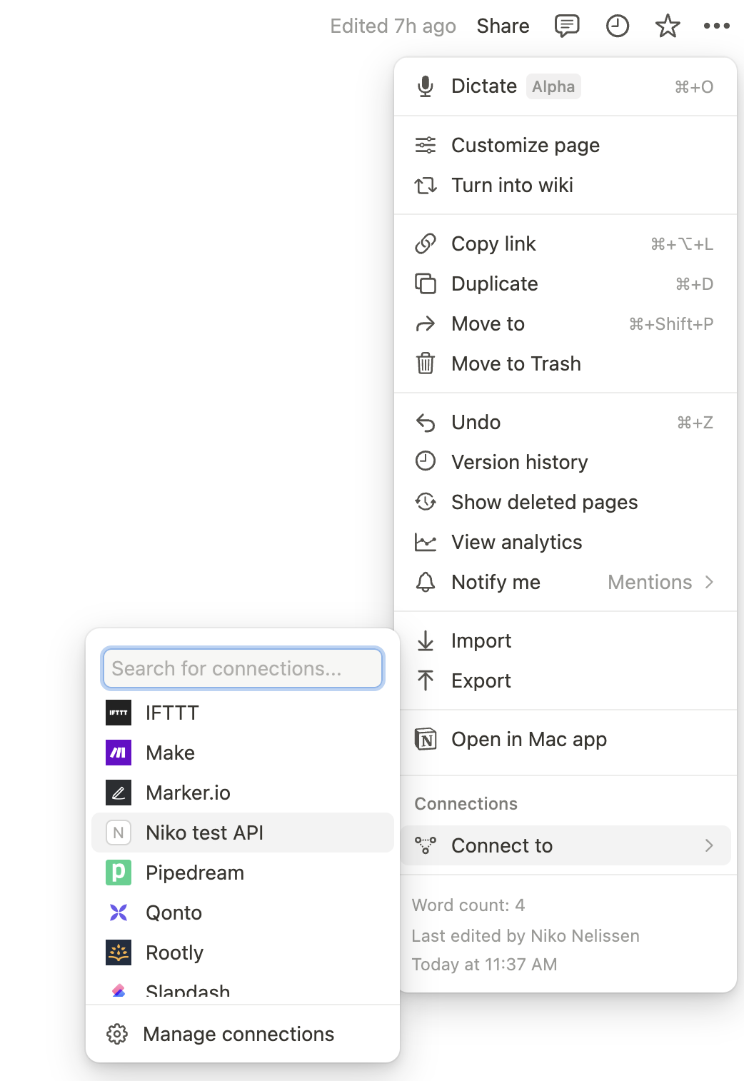 Notion page settings showing integration connection