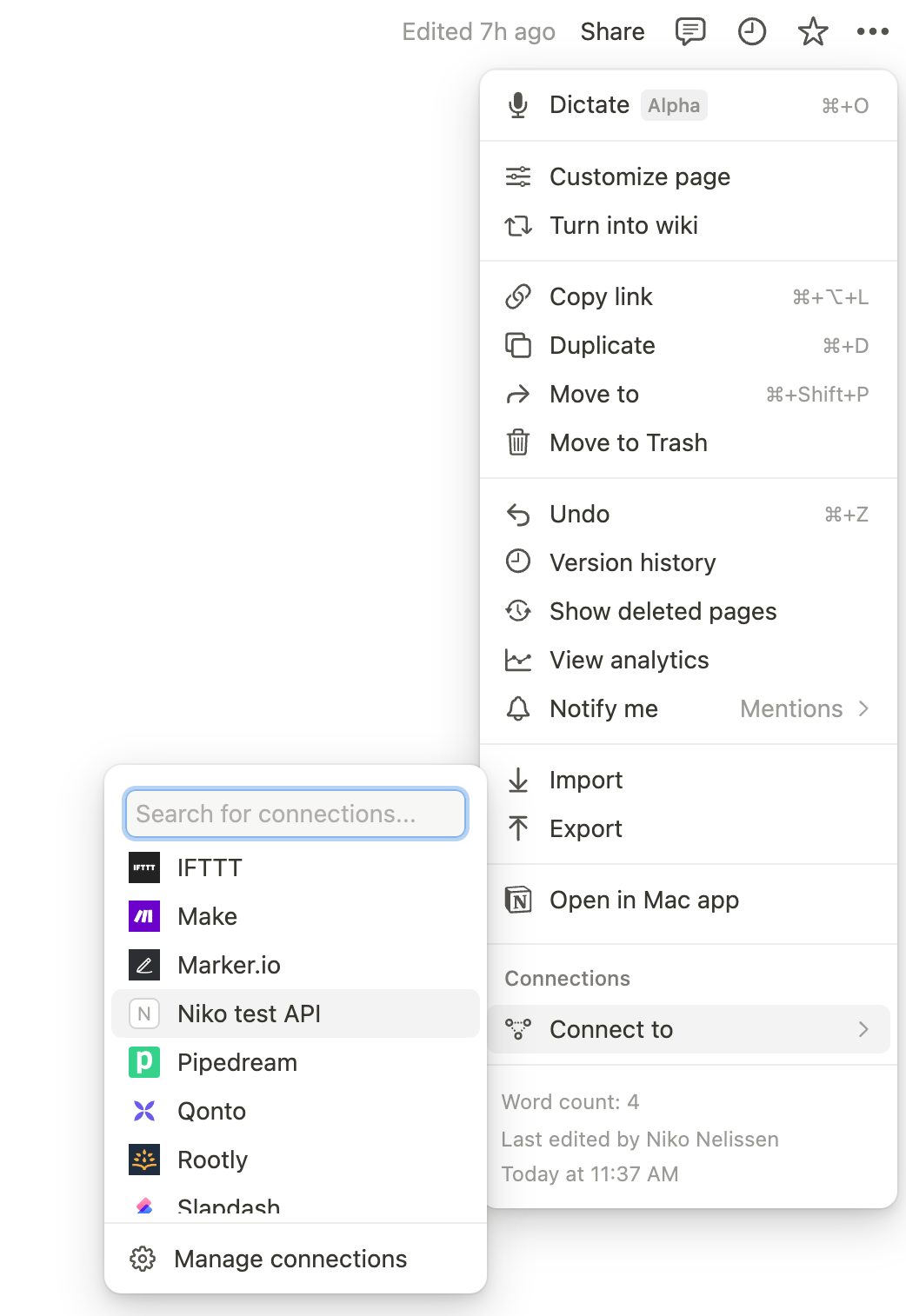 Notion page settings showing integration connection