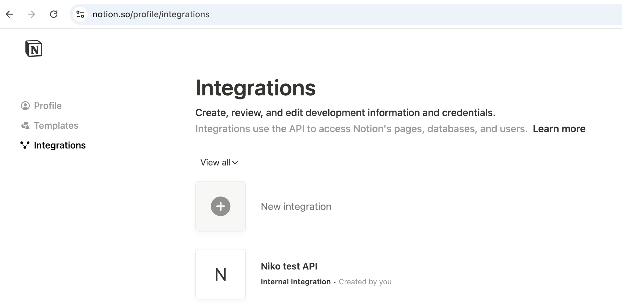 Notion internal integration settings