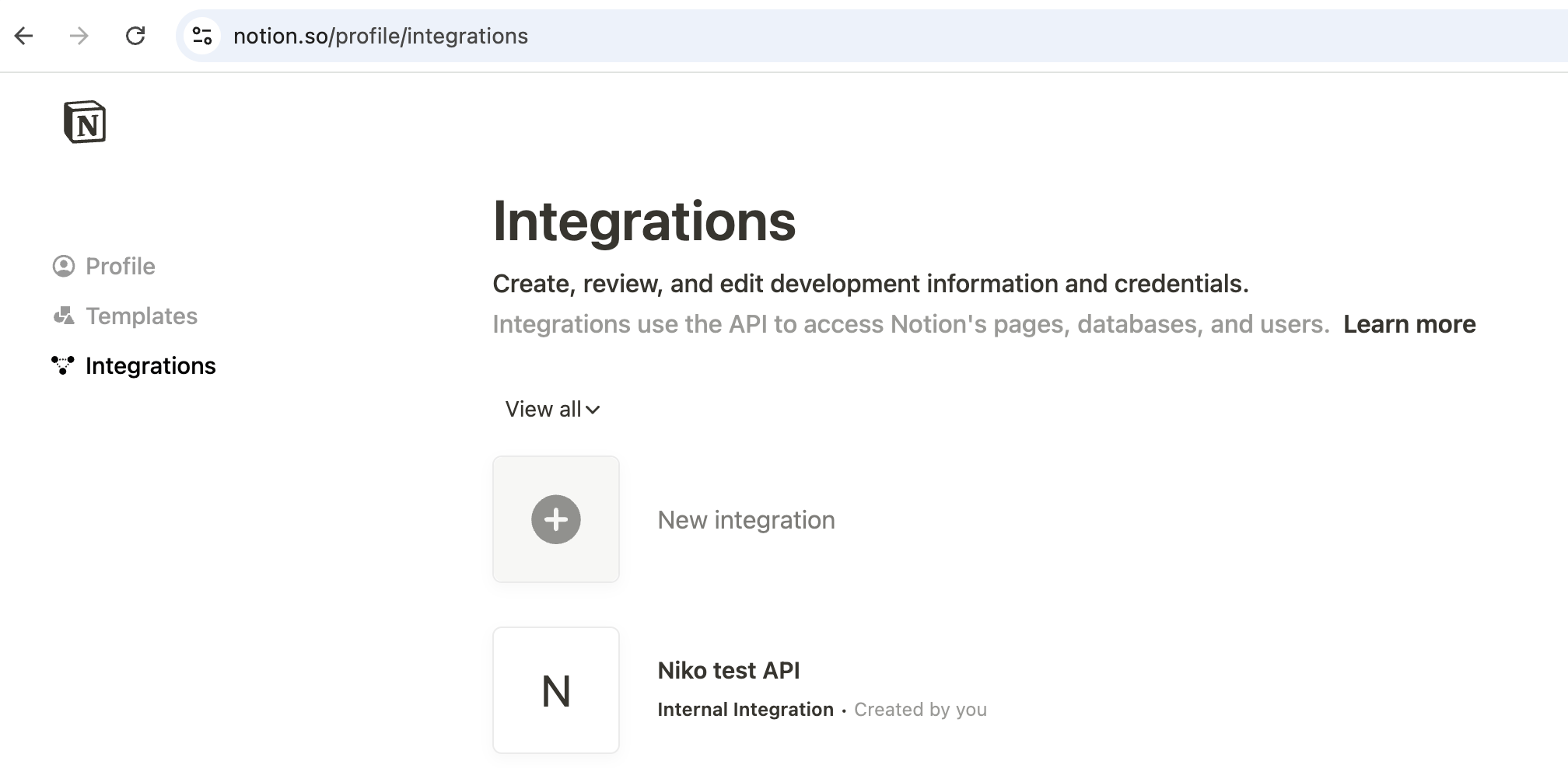Notion internal integration settings