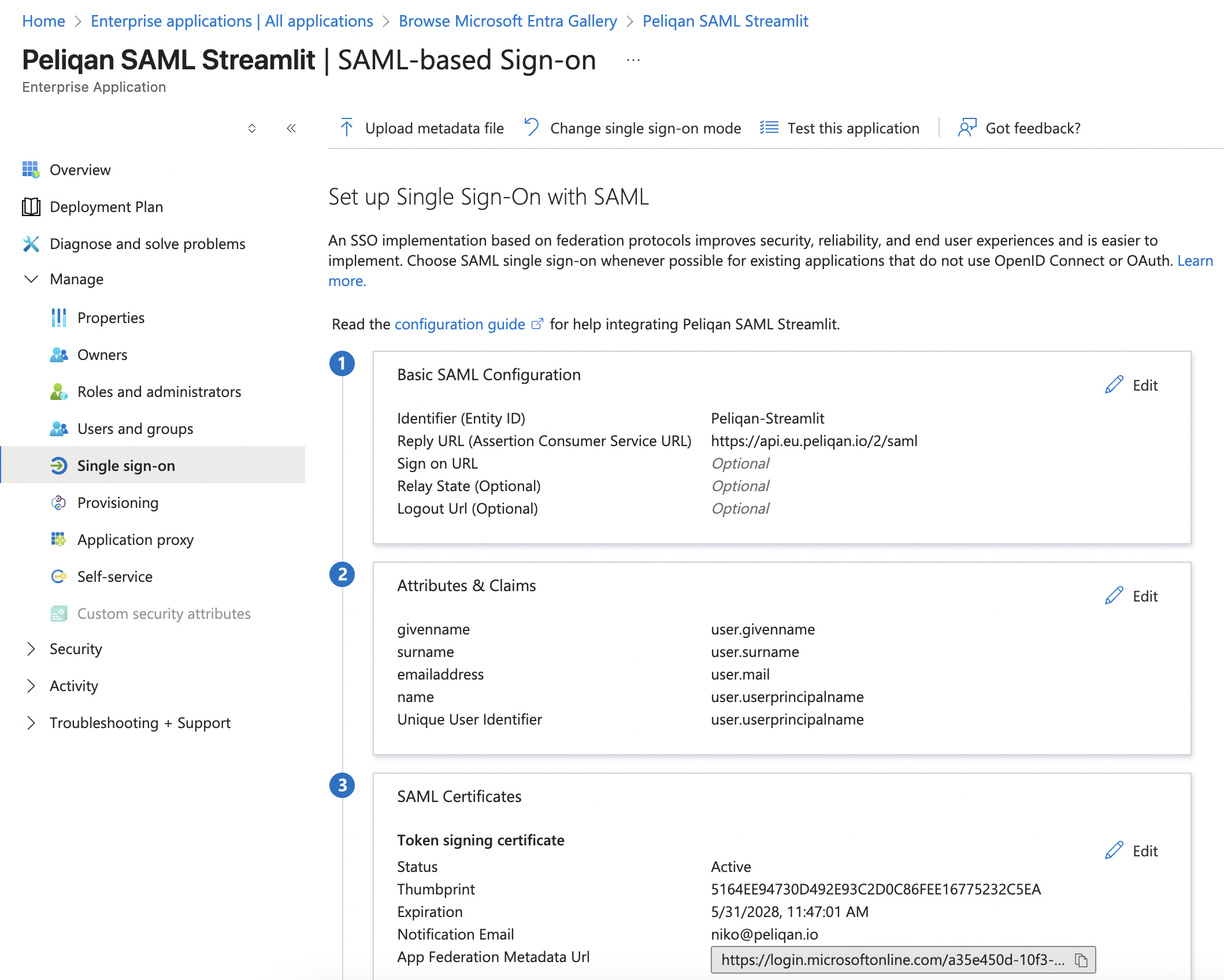 Azure SAML configuration for Peliqan Streamlit app