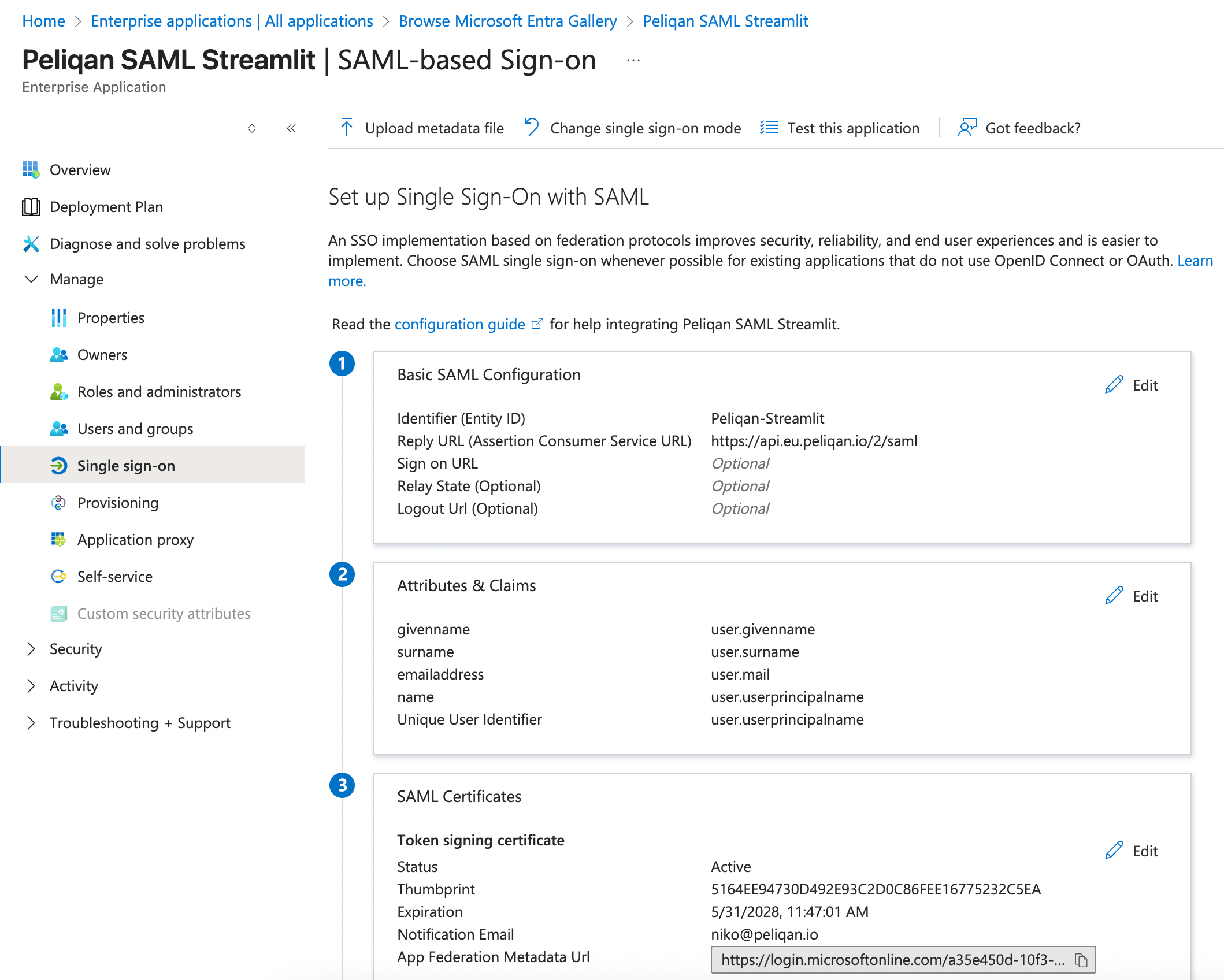 Azure SAML configuration for Peliqan Streamlit app