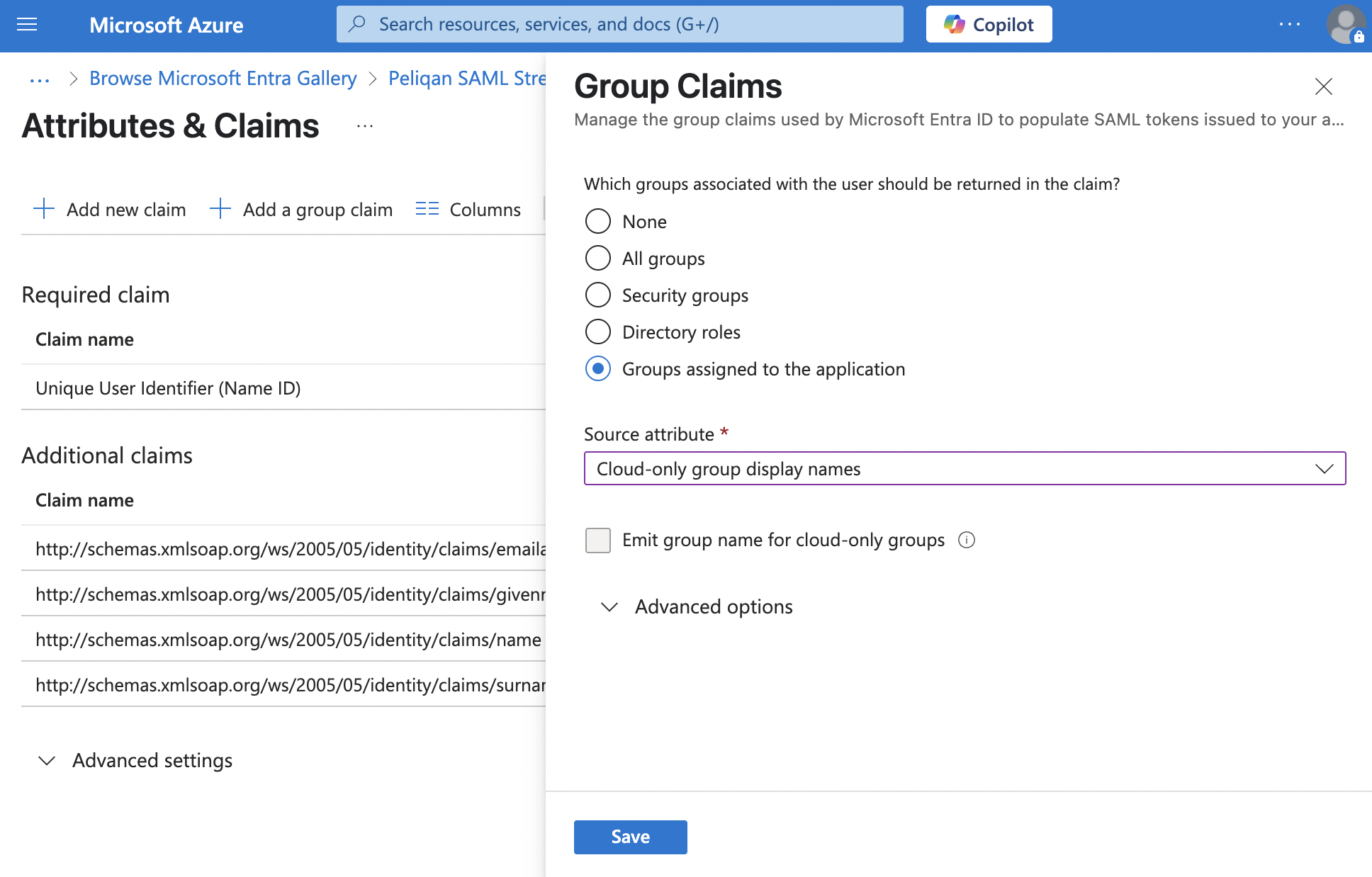Azure group claims configuration