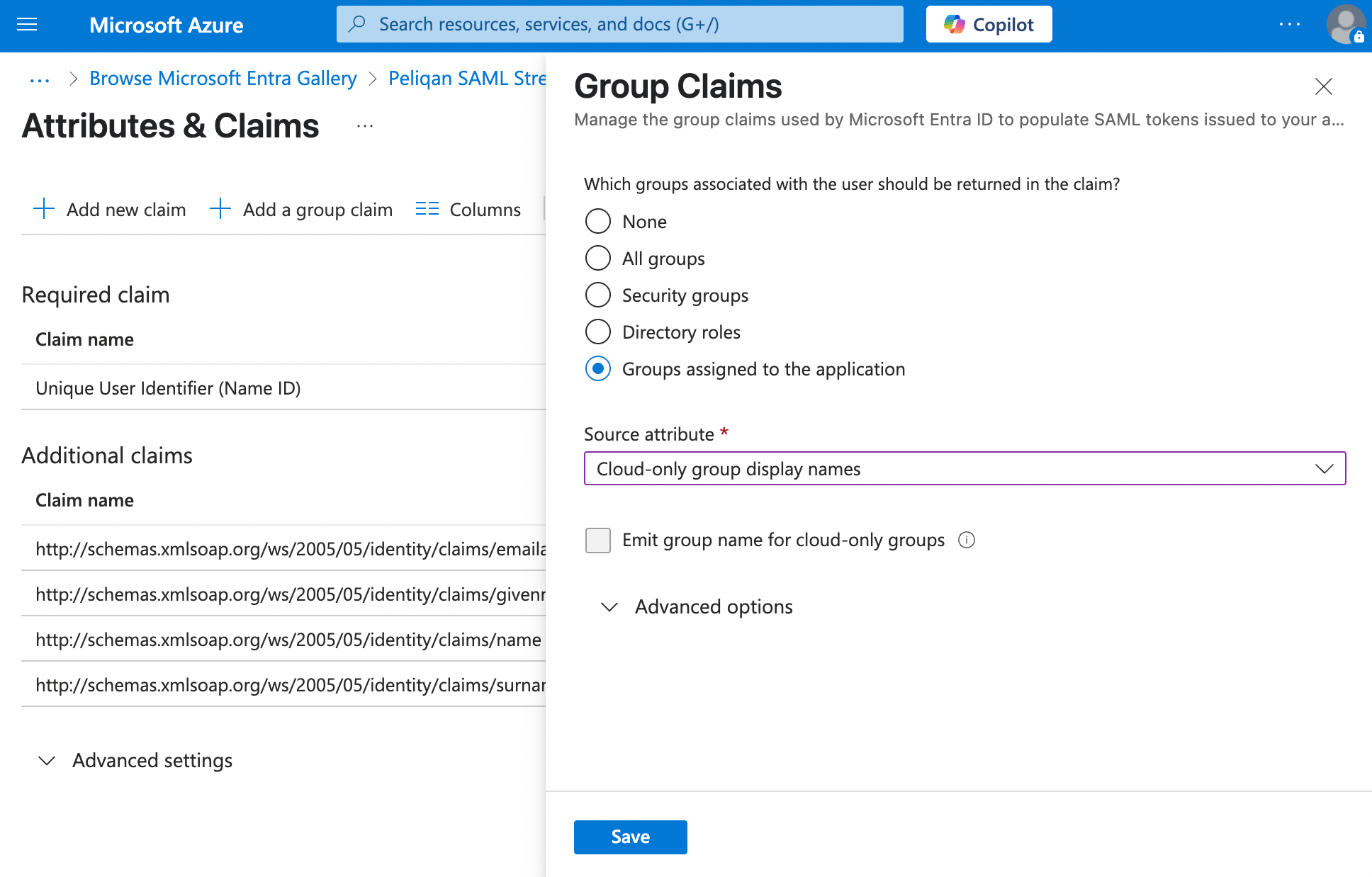 Azure group claims configuration