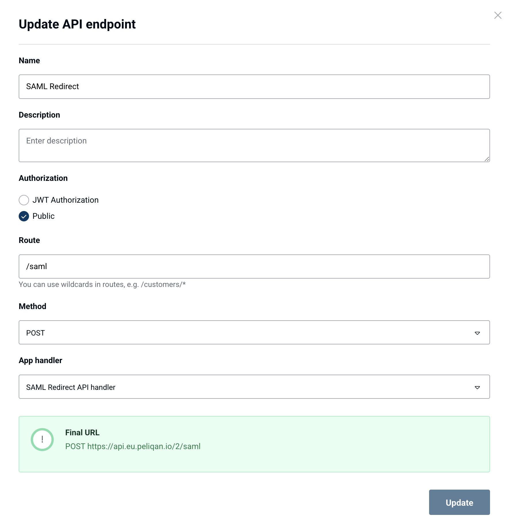 Peliqan API endpoint configuration for SAML redirect