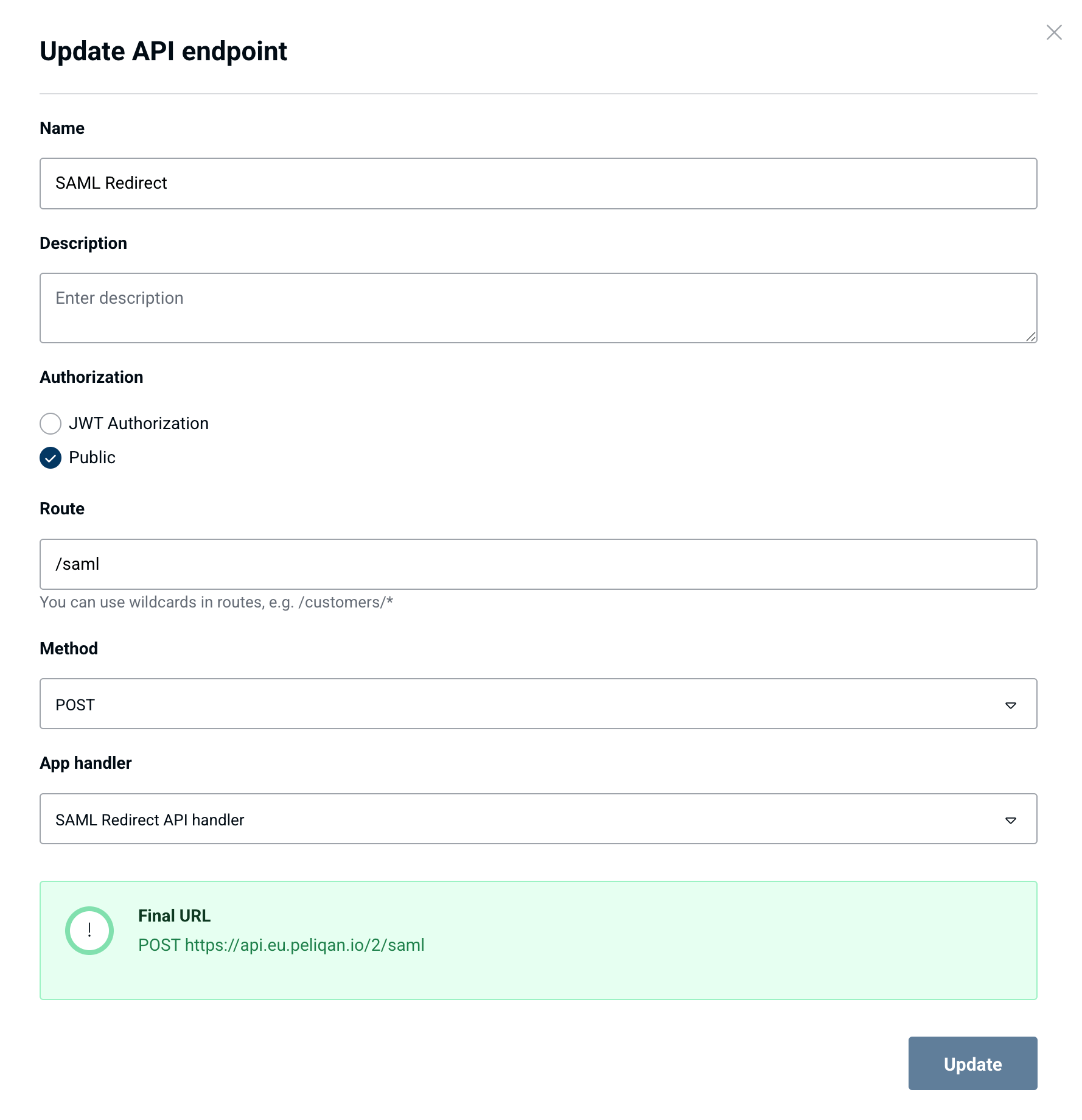 Peliqan API endpoint configuration for SAML redirect