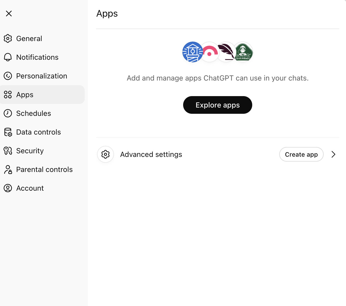 ChatGPT settings, Apps, Create App