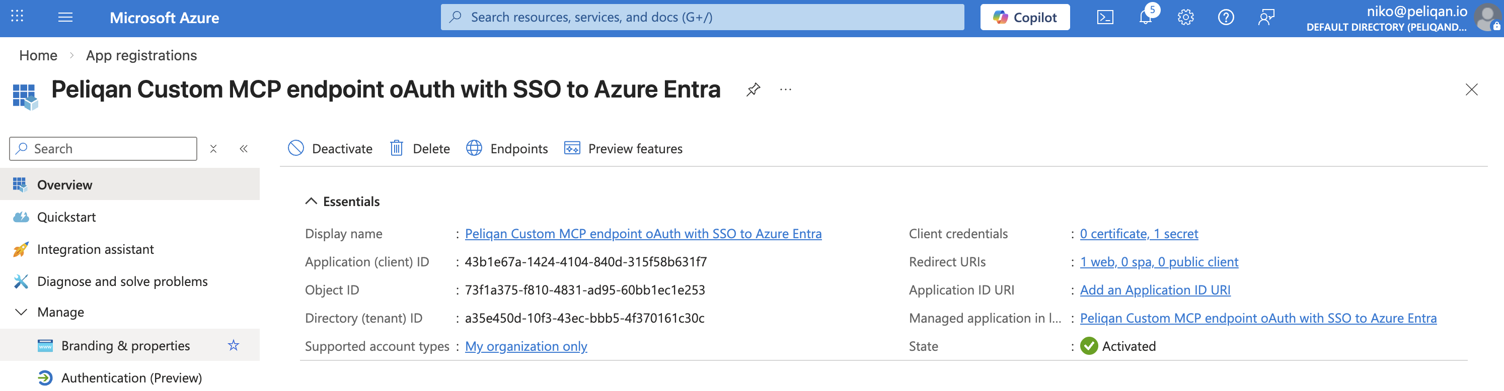Azure app registration for the OAuth authorization flow