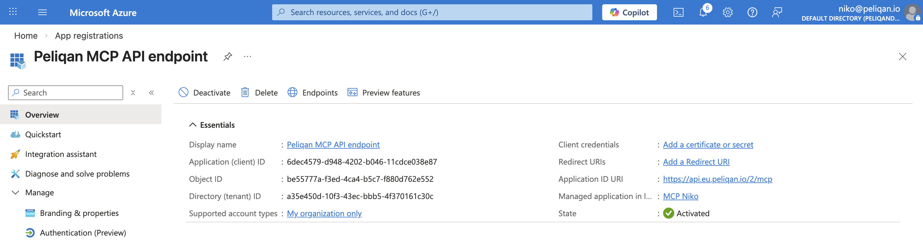 Azure app registration for the MCP Server resource