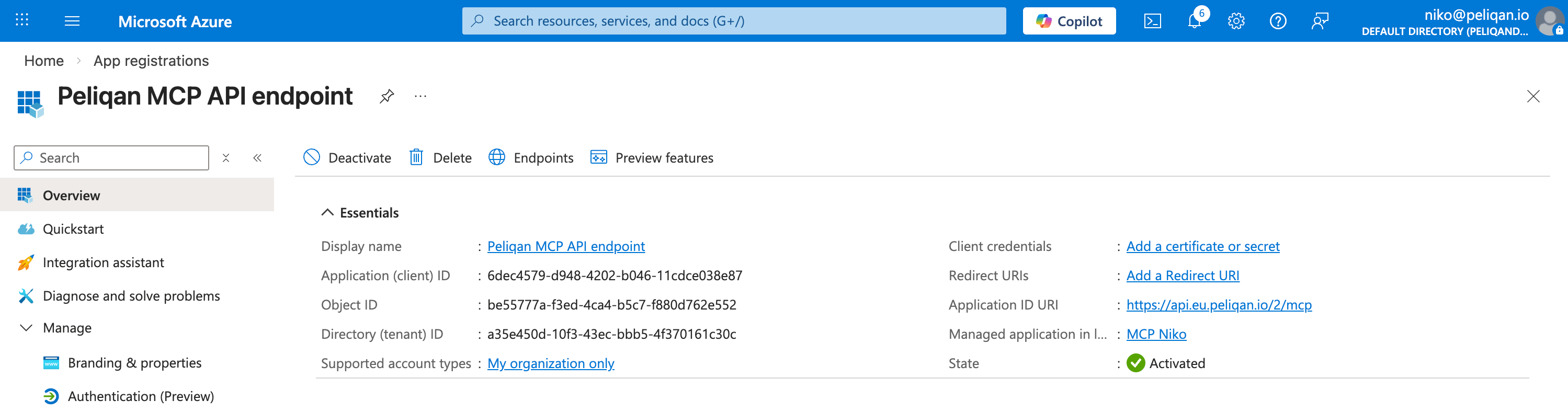 Azure app registration for the MCP Server resource