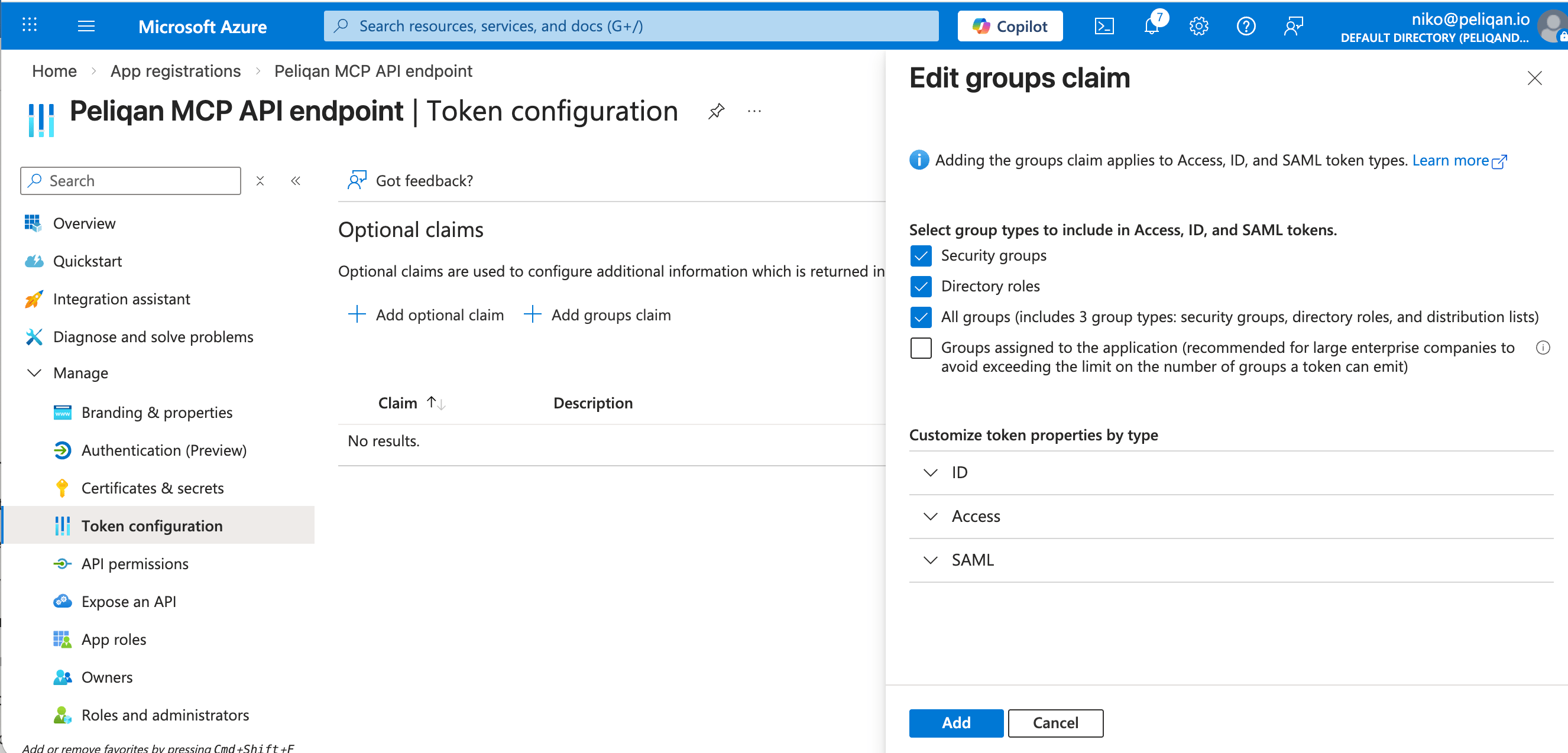 Add groups claim in Azure token configuration