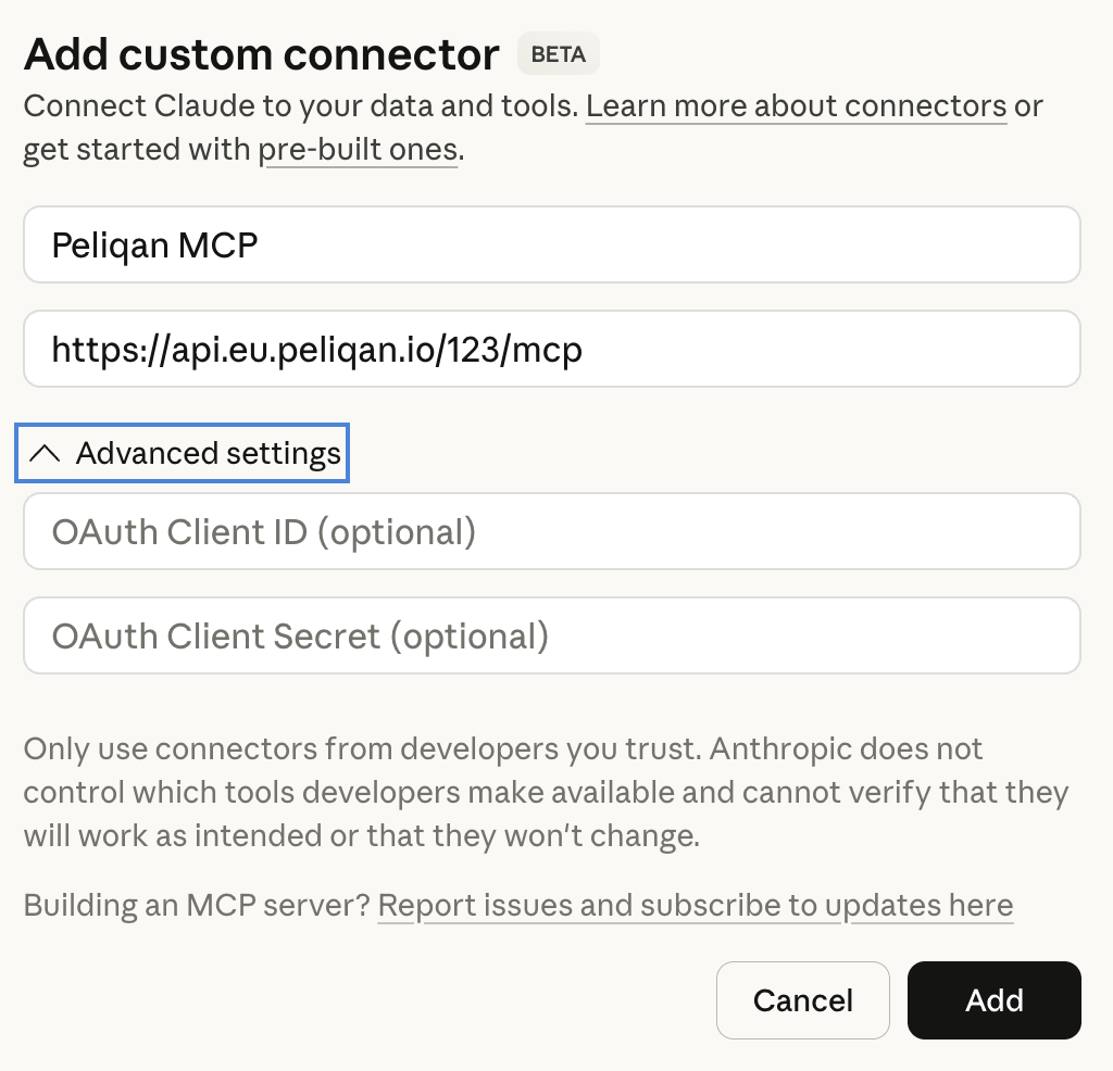 Claude add custom connector with OAuth client id and secret