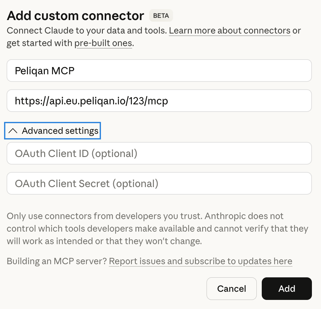 Claude add custom connector with OAuth client id and secret