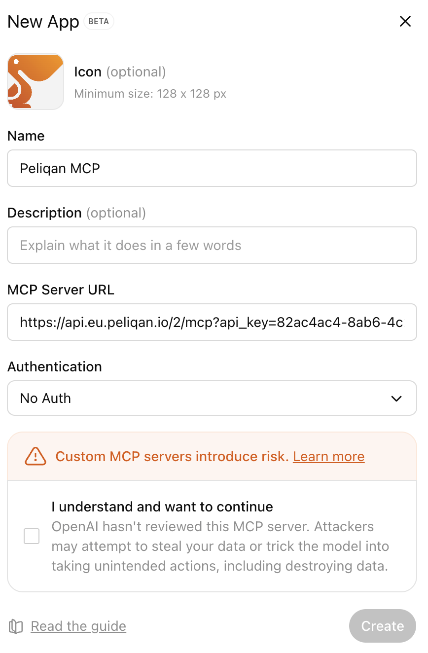 ChatGPT app creation with MCP endpoint URL