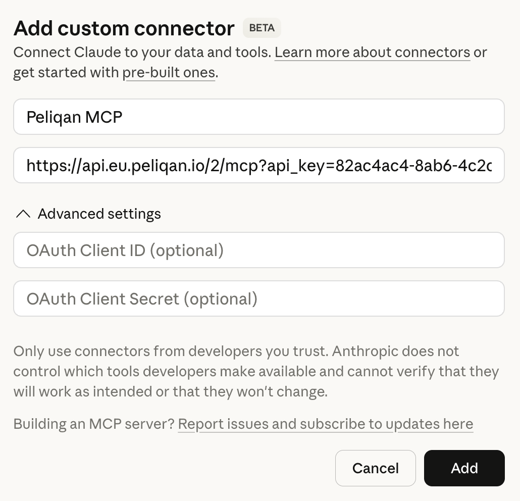 Claude add custom connector with API key