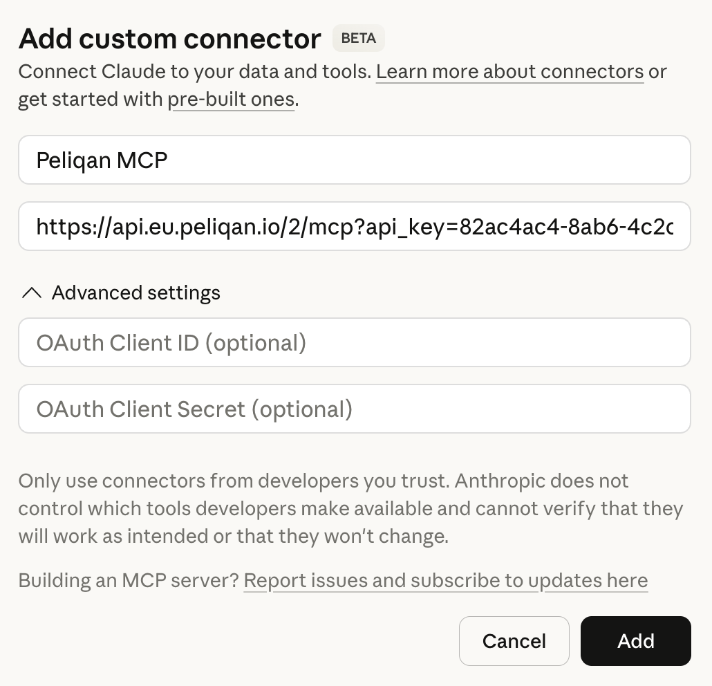 Claude add custom connector with API key