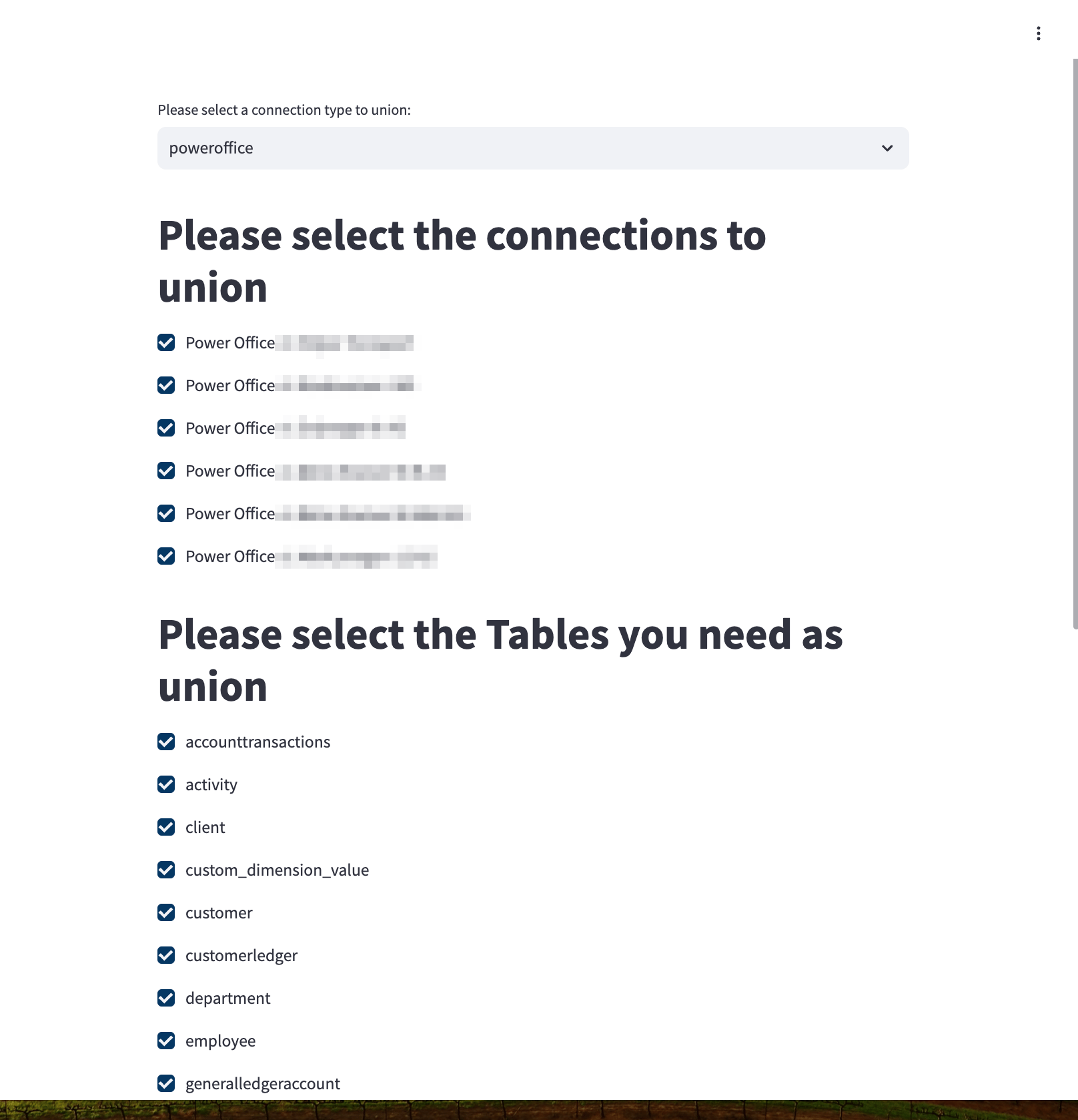 Streamlit modal to select the connection type, the connections and the tables to union.