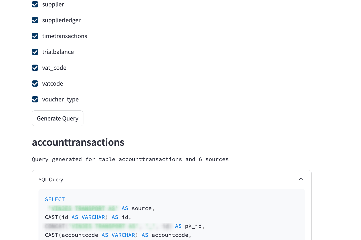 Screenshot of a new schema and its generated union queries in the Peliqan UI.