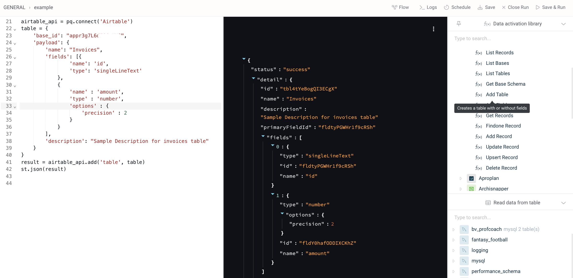 Add Table form