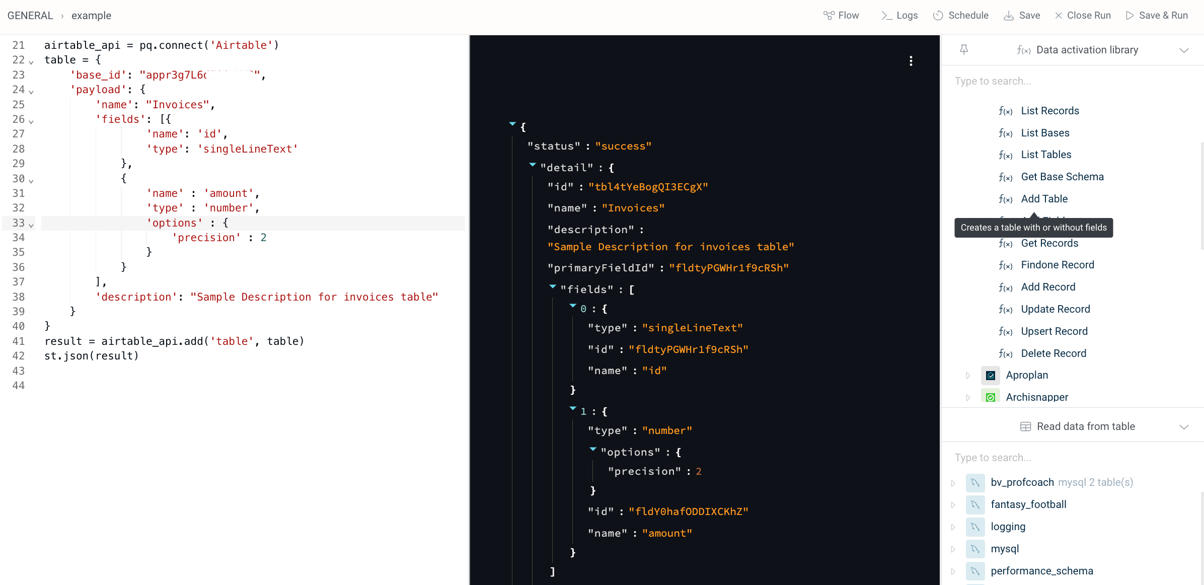 Add Table form