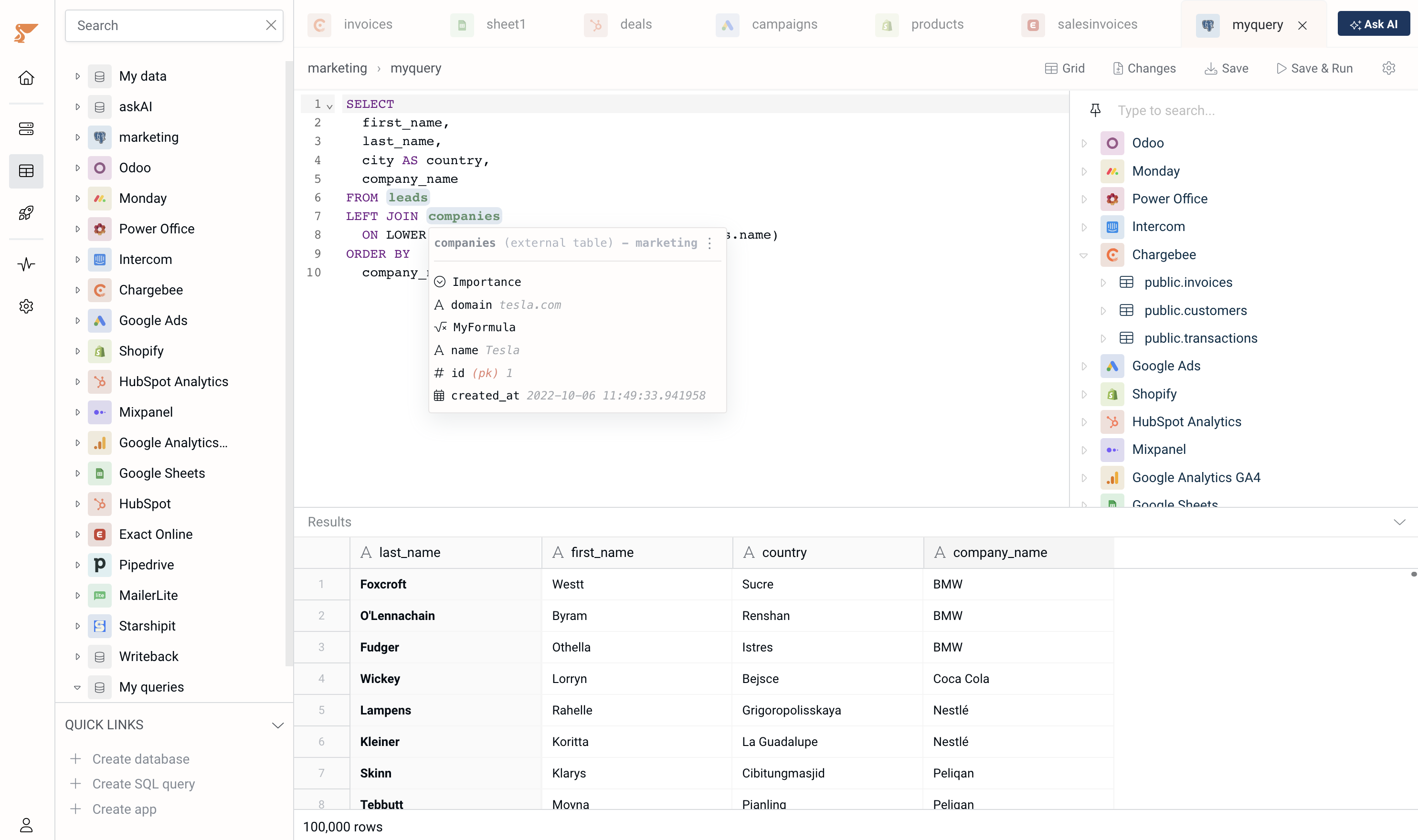 SQL editor table hover info
