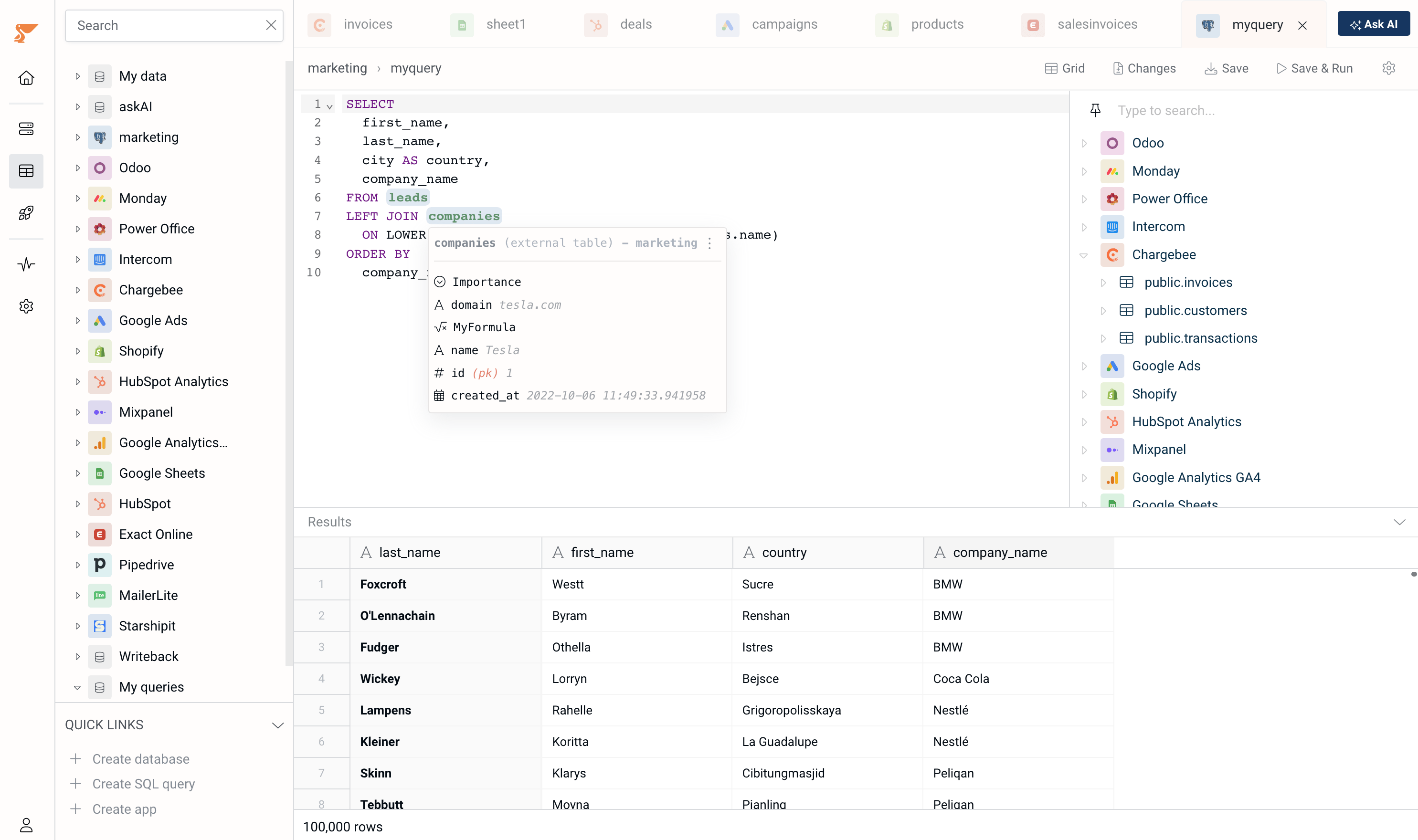 SQL editor table hover info