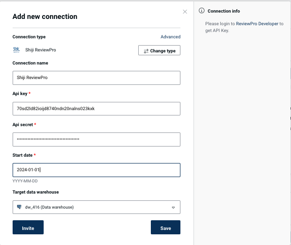 Shiji ReviewPro connection form in Peliqan