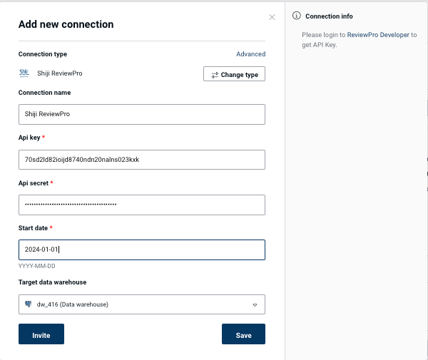 Shiji ReviewPro connection form in Peliqan