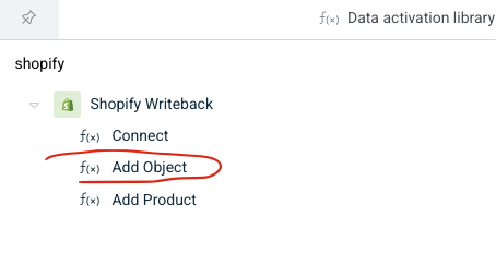 Right panel showing Shopify object options in a Data App