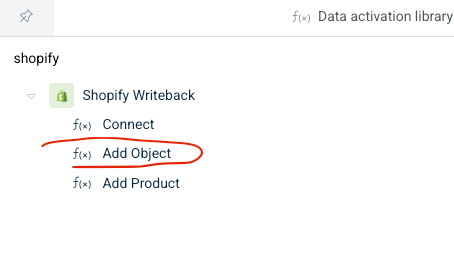 Right panel showing Shopify object options in a Data App