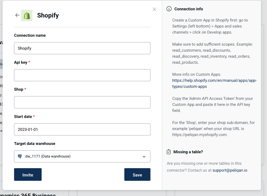 Shopify connection form with store name and API token fields