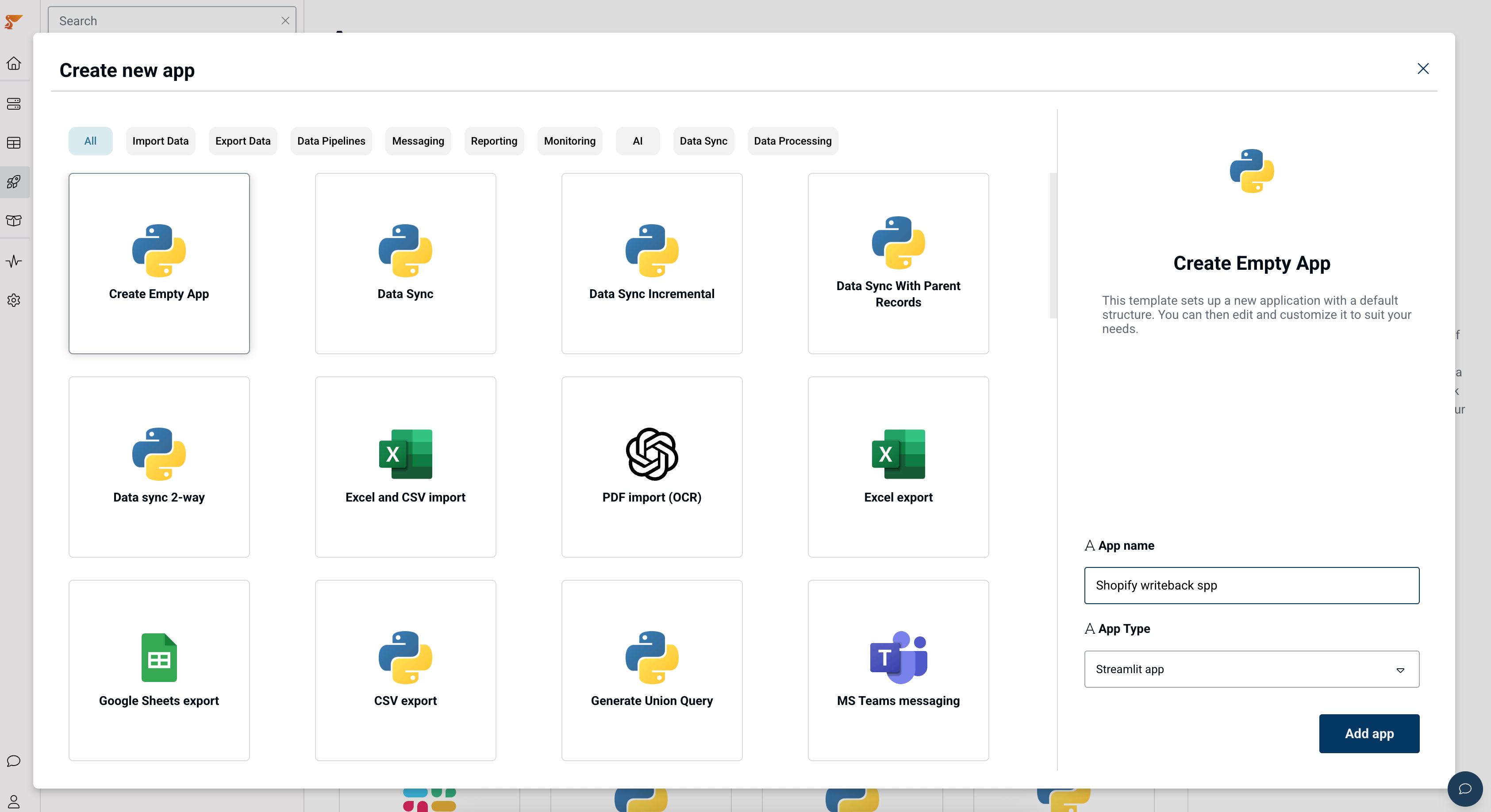 Creating a new Data App in Peliqan