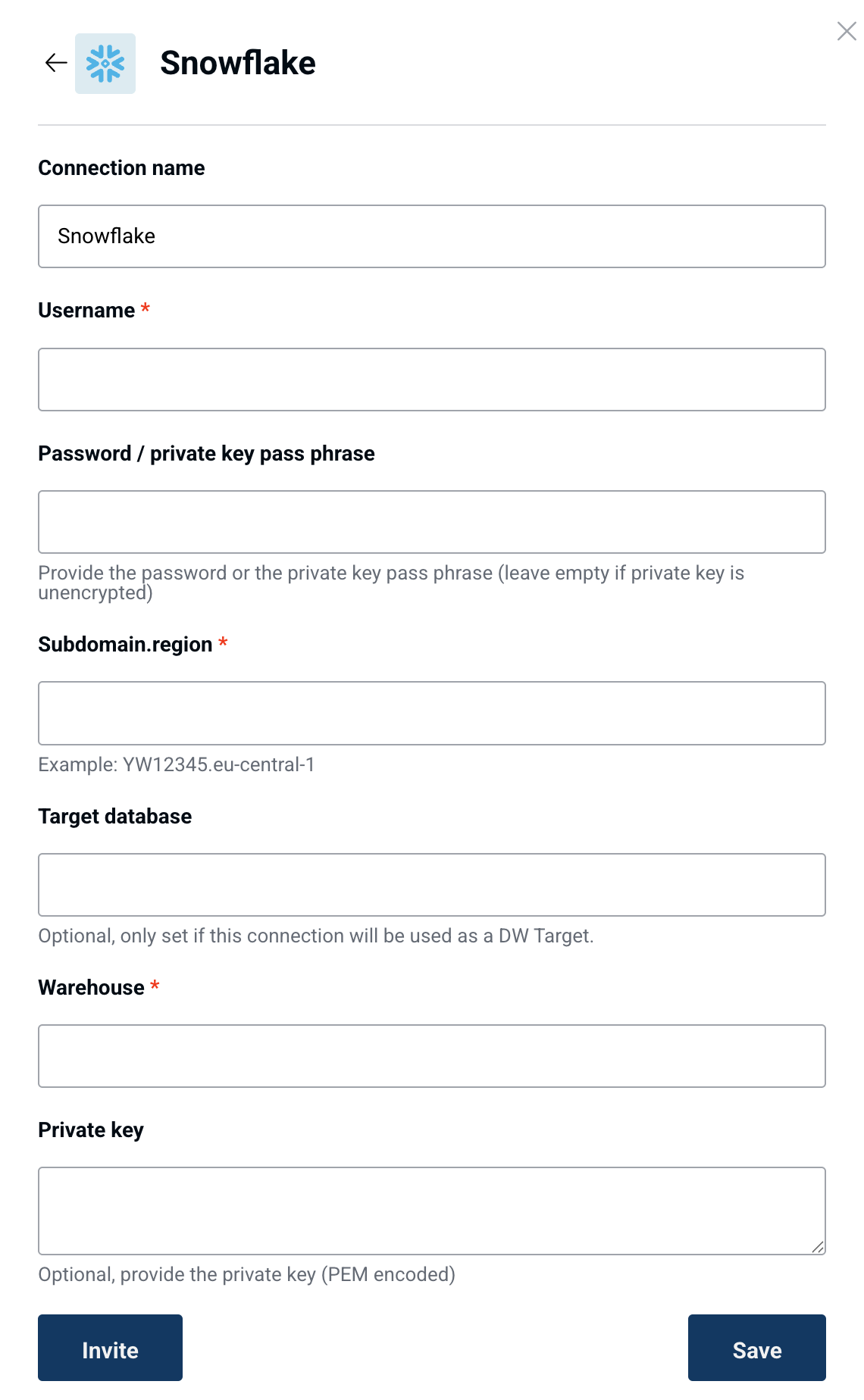 Snowflake connection form in Peliqan