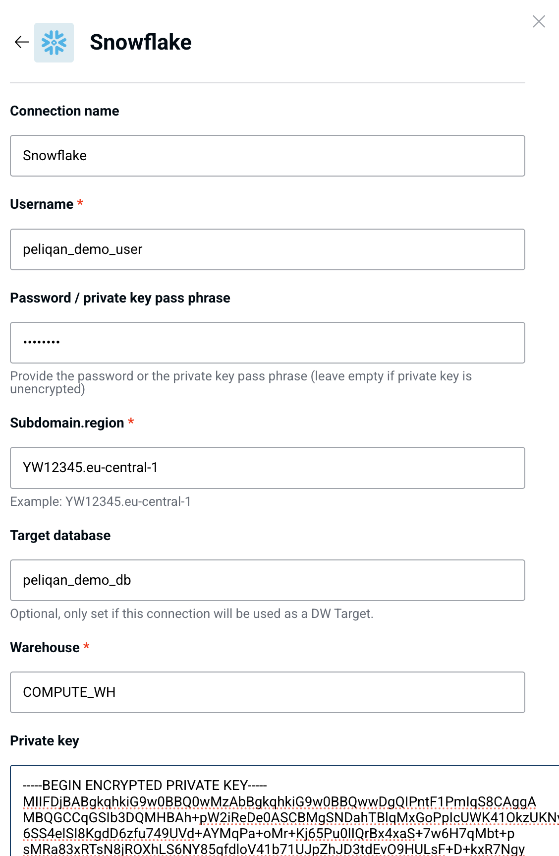 Snowflake connection form showing key-pair authentication